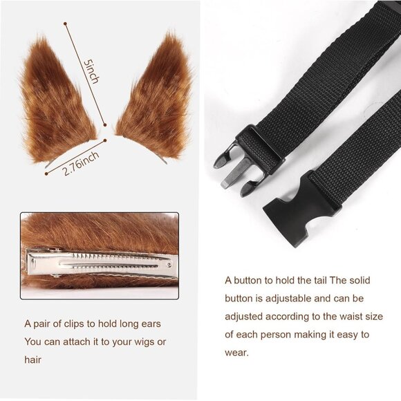 🆕 Women Black Faux Fur Wolf Fox Tail Clip Ears Kit Halloween Animal Costume Set - Picture 2 of 7